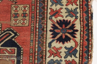 antique kazak rug with a wide "crab" border. All natural colors. As found, very dirty, with wear and some damage as shown but complete with original selvages. In need of at least  ...