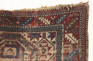 Early but distressed caucasian prayer rug. Unusual to find some original cotton pile. In "New England condition" and priced accordingly. All natural colors. Very dirty. mid 19th c. 3'6" x 4'2"   ...