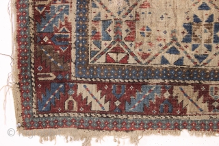 Early but distressed caucasian prayer rug. Unusual to find some original cotton pile. In "New England condition" and priced accordingly. All natural colors. Very dirty. mid 19th c. 3'6" x 4'2"   ...