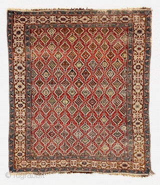 Antique example of an eastern Caucasian type with overall lattice design. Generally referred to as kuba rugs, with depressed weave, this one has light colored selvages usually associated with shirvan rugs not  ...