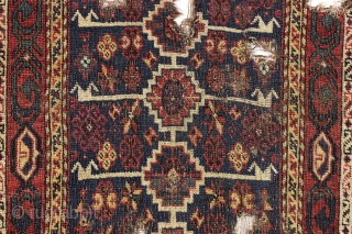 Antique very small south persian rug with an unusual design I have not seen before. All good colors. Very very rough condition. Still spell binding. 19th c. 2'6" x 3'9"    ...