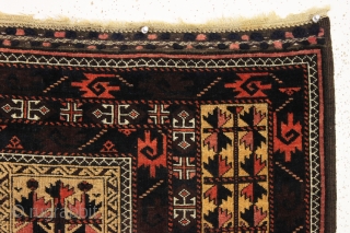 antique baluch camel ground prayer rug in outstanding condition with some interesting design features. Eye catching curled leaf minor borders and a very unusual main border. Clean with overall very good even  ...