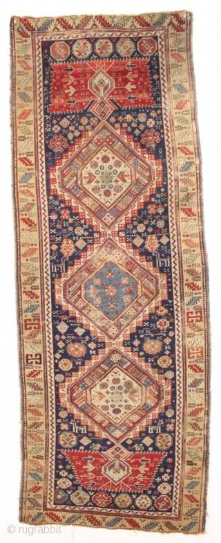 early east caucasian shirvan or karagashli type long rug. Fresh New England find. Finely woven with a wide range of excellent natural colors featuring a lovely yellow border and a pretty natural  ...