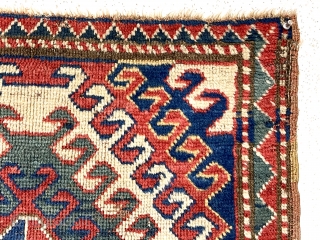 Antique bagface, possibly an uncommon Caucasian Kazak example. Interesting latch bold hooked design similar to what one might find on a Kazak rug. Fair pile with some wear as shown. All good  ...