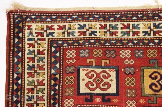 antique unusual karachopf kazak in good condition. Found in a New England barn. Beautiful large caucasian rug with all natural colors. Pretty tomato red ground with lots of light blue, richgreen and  ...