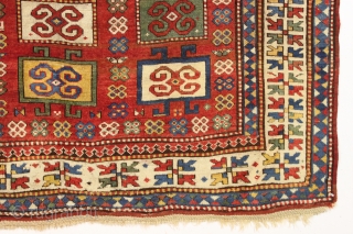 antique unusual karachopf kazak in good condition. Found in a New England barn. Beautiful large caucasian rug with all natural colors. Pretty tomato red ground with lots of light blue, richgreen and  ...