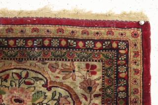 antique little pictorial kerman mat with bird and floral decoration. As found, very very dirty but overall good pile and tight weave. Appears to have a few small moth nibbles along the  ...