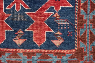 Antique caucasian Avar rug with iconic design. Overall mostly even low pile with scattered small old repairs, not very well done. Original selvages. Ends rough. Colors appear natural other than some bright  ...