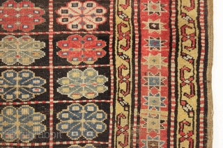 antique mystery rug. Caucasian? East Anatolian? Kurdish? Interesting design. Unusual palette. As found, very dirty with substantial scattered wear as shown. 19th c. 4'2" x 8'6"       