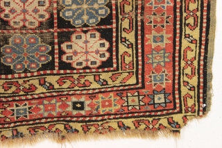 antique mystery rug. Caucasian? East Anatolian? Kurdish? Interesting design. Unusual palette. As found, very dirty with substantial scattered wear as shown. 19th c. 4'2" x 8'6"       