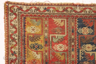 antique little turkish melas rug. Older example of the type. "as found", very dirty with areas of wear and edge loss as shown. Lovely all natural colors including a fine old yellow  ...