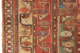 antique little turkish melas rug. Older example of the type. "as found", very dirty with areas of wear and edge loss as shown. Lovely all natural colors including a fine old yellow  ...