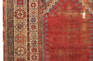 antique mudjar prayer rug. Older example, as found, very dirty with wear and damage as shown. All natural colors including a nice old green. Good age, ca. 1860. 4' x 5'1"  