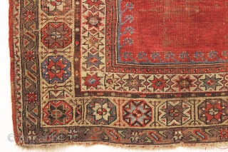 antique mudjar prayer rug. Older example, as found, very dirty with wear and damage as shown. All natural colors including a nice old green. Good age, ca. 1860. 4' x 5'1"  