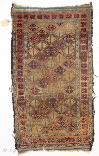 antique baluch rug. Interesting little rug with unusual and attractive coloring. Turkish knotted. As found, dirty with wear and edge roughness as shown. Old cleaning or storage tag included. Late 19th c.  ...