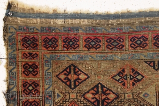 antique baluch rug. Interesting little rug with unusual and attractive coloring. Turkish knotted. As found, dirty with wear and edge roughness as shown. Old cleaning or storage tag included. Late 19th c.  ...