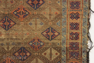 antique baluch rug. Interesting little rug with unusual and attractive coloring. Turkish knotted. As found, dirty with wear and edge roughness as shown. Old cleaning or storage tag included. Late 19th c.  ...