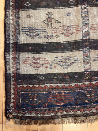 Antique small tribal mixed technique rug, probably Kurdish, with unusual pictorial panels. The flat woven panels show people farming and tending animals. Borders, end panel and panel decoration are all piled. Overall  ...