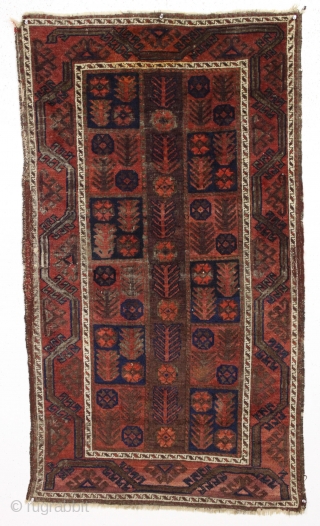 antique little baluch rug with an interesting design. Fair condition with mostly good pile. Heavy brown oxidation. Just aquired, not washed. Bit of selvage rewrapping or repair. No significant repairs. I see  ...