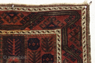 antique little baluch rug with an interesting design. Fair condition with mostly good pile. Heavy brown oxidation. Just aquired, not washed. Bit of selvage rewrapping or repair. No significant repairs. I see  ...