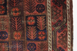 antique little baluch rug with an interesting design. Fair condition with mostly good pile. Heavy brown oxidation. Just aquired, not washed. Bit of selvage rewrapping or repair. No significant repairs. I see  ...