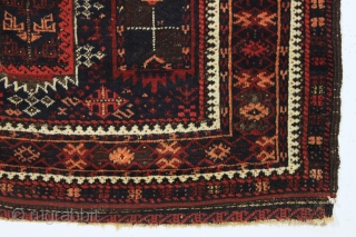 antique baluch rug with an interesting and unusual design in mostly thick high pile with a few knots of light colored silk in the border. Possibly a transitional piece with the drawing  ...