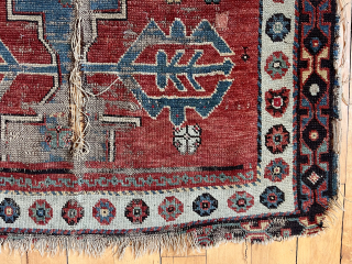 What remains of an early Avar Caucasian rug. Breathtaking bold field and lovely borders. Heavily damaged with tears, edge roughness  and wear. Not for restoration but simply appreciation. Old. 37” x  ...
