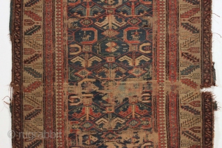 Antique caucasian sumak rug with good drawing. "as found"  Very rough. Very dirty. Damaged as shown. Structurally sound.  Good age, ca.1875 or earlier. 3' 4" x 9' 4". 
  