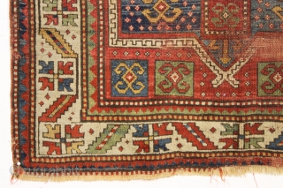 antique kazak rug. Fresh New England find. Strong design and all natural colors featuring nice yellows and greens. As found, very dirty with heavy wear and scattered damage as shown. Has good  ...