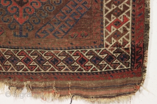 antique little baluch rug. Classic older mushwani type with latch hooked design and all good colors. As found this week, very dirty with allover low pile and a few tiny old holes  ...