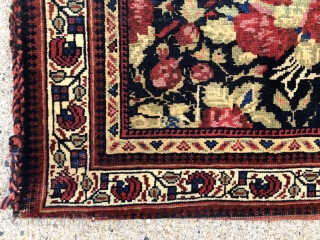 Antique Persian afshar bag in excellent condition complete with original back and closure tabs. Pretty floral rose design field with lots of true greens. Very good even pile. Rich natural colors. Few  ...