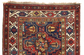 Antique veramin rug with good design and excellent colors. Several blues, a beautiful saturated red and pretty natural browns. Overall good condition with thick even pile. One end unraveling and could use  ...