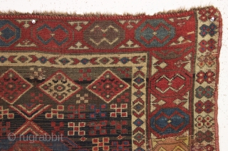 antique caucasian long rug in as found condition. An early example with unusual and elegant medallions. Beautiful border. All good natural colors. Soft and supple like cloth. A hard life with scattered  ...