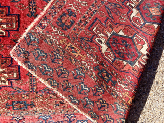 Antique good sized turkman Chuval. Saryk? First rate saturated natural colors. Multiple reds and attractive apricot orange highlights. Overall decent even low pile with light center wear. All wool. Nice fat guls.  ...