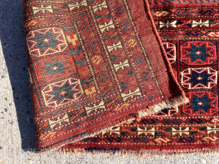 Antique turkman ersari pile weaving, probably a trapping. Unusual all over star design. Good pile. All natural colors with multiple reds and strong yellow highlights. Reasonably clean. Attractive weaving. 19th c. 15”  ...