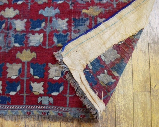 Antique caucasian rug. Another mystery rug. Interesting but very rough condition. Heavy oxidation. Low pile and wear. Edges not original. Small holes. Old burlap backing sewn on and mostly removed. Natural colors?  ...