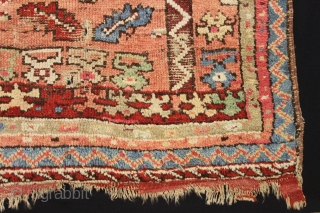 Old Turkish prayer rug. Wild thing. Don't ask me what it is because I don't know. Looks like it came out of a cave. Mesozoic? Sewn on fabric. 3'8" x 5'9"   ...