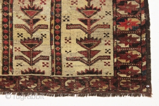 Antique ersari beshir prayer rug. Interesting, somewhat simple or primitive version of an iconic design. All natural colors. Coarse weave with slight creasing. Some scattered old repairs of varying quality. Not a  ...