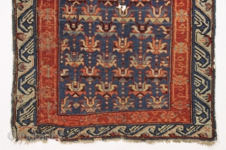 Antique kuba seichour rug. "As found", very dirty with wear and damage as shown. All natural colors. Crude repairs backed with what looks like the family table cloth. Good age. ca. 1870  ...