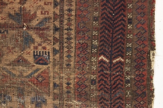 early baluch prayer rug with some interesting design features. As found, very dirty, very thin, with heavy wear and black oxidation. Unusual and attractive  border. Animals. Sophisticated and delicate drawing. Good  ...
