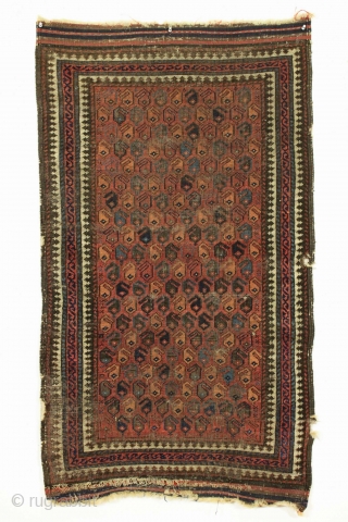 Antique baluch rug. Nice little rug just picked. Good design and all natural colors. Thin and very very low pile. Very very dirty. No repairs. Decent age, late 19th c. 2' 6"  ...