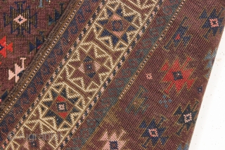 antique baluch rug with very intense color and highest quality weave. Uncommon design. Symmetrically knotted with typical use of many vibrant hues. Probably a synthetic pink. Good even pile with fine weave  ...