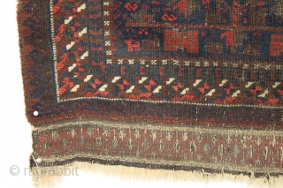 Antique baluch prayer rug. Incredibly dirty but quite interesting with some unusual design features. Appears to have excellent color under all that grime. Anyone enjoy washing? ca. 1880 or earlier. 3'x 4'9" 