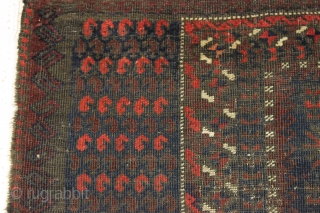 Antique baluch prayer rug. Incredibly dirty but quite interesting with some unusual design features. Appears to have excellent color under all that grime. Anyone enjoy washing? ca. 1880 or earlier. 3'x 4'9" 