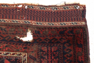 antique baluch prayer rug, probably timuri. Older example with unusual blue ground and extemely fine and beautiful kelim ends. Very abused with heavy wear and holes as shown. Priced accordingly. All natural  ...