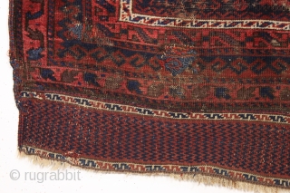 antique baluch prayer rug, probably timuri. Older example with unusual blue ground and extemely fine and beautiful kelim ends. Very abused with heavy wear and holes as shown. Priced accordingly. All natural  ...