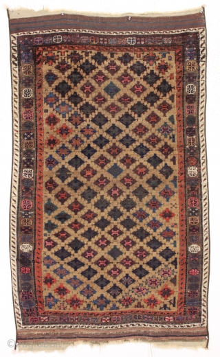 antique baluch rug. Sparkly rug symmetrically knotted with real greens, saturated reds, and pretty light blues. Eye catching unusual design and highest quality wool. Overall very good condition, clean, with soft blanket  ...