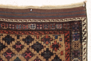 antique baluch rug. Sparkly rug symmetrically knotted with real greens, saturated reds, and pretty light blues. Eye catching unusual design and highest quality wool. Overall very good condition, clean, with soft blanket  ...