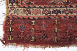 antique turkman yomud chuval. Older example unfortunately ravaged by wolves. Nicely drawn field and better than average elem panel. All natural colors. As found condition and priced accordingly. Ca. 1870 or earlier.  ...