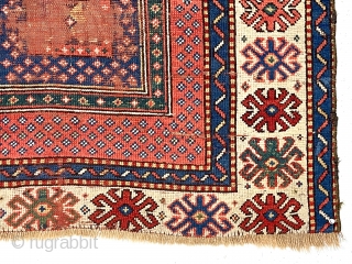 Antique small prayer rug with an unusual design. Presumably Caucasian Kazak but not like any I have had. Quite an eye catching field design but also a notable main border as well.  ...